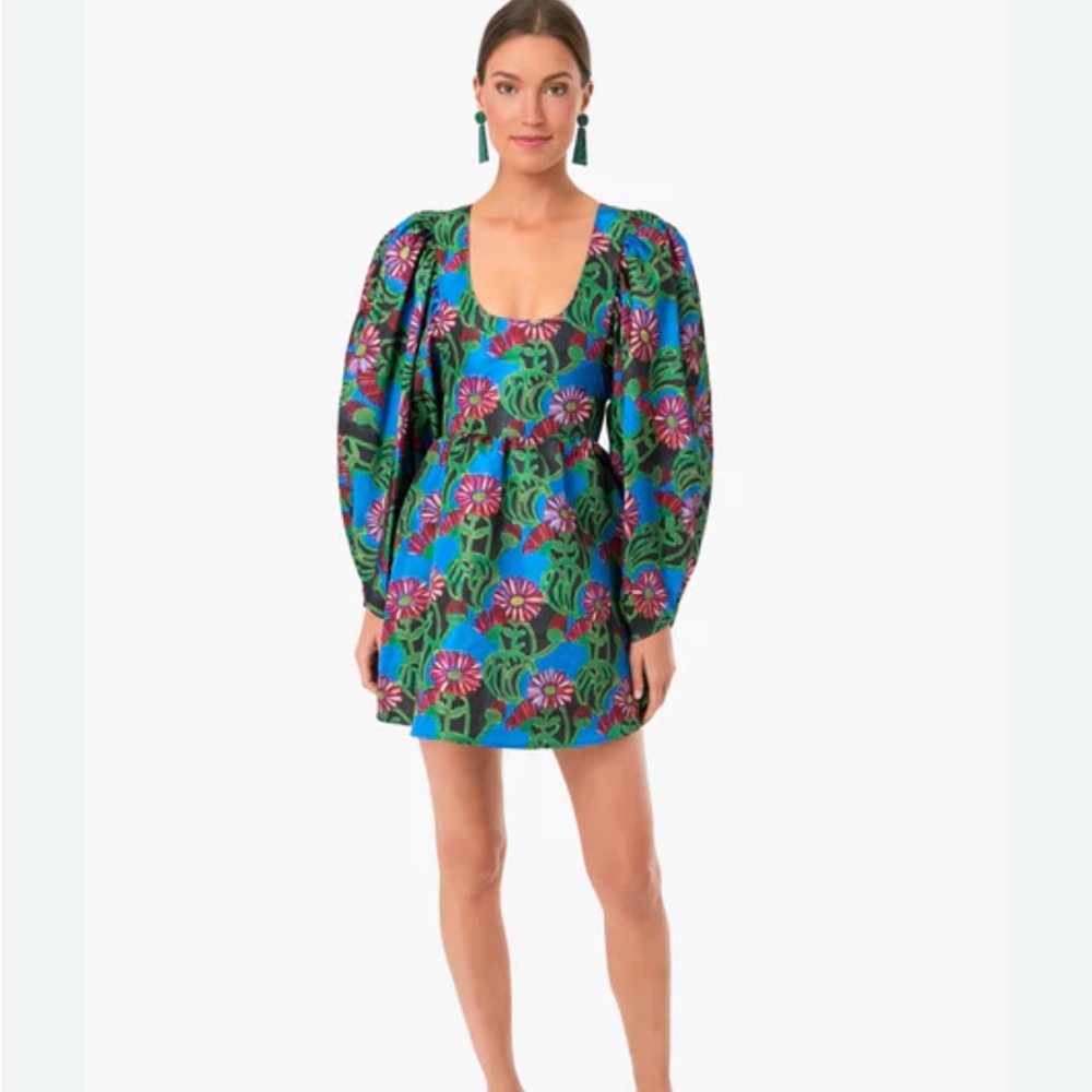 LA DoubleJ Green & Blue Floral Puff-Sleeve Mini Dress